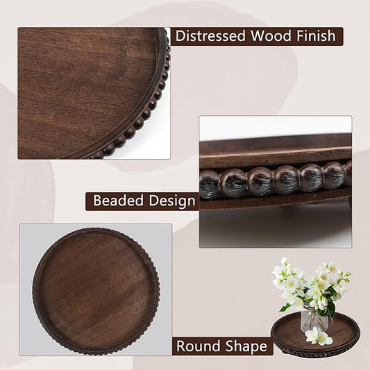 Wooden Serving Tray: 12in Brown Round Wood Butler Decorative Tray Candle Holder Trays Centerpiece Farmhouse Ottoman Tray for Decor Countertop Home Decor Accessories for Coffee Table