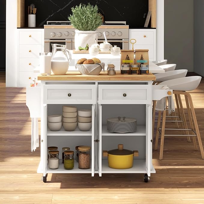 HOMCOM Kitchen Island Cart with Rubber Wood Top, Rolling Kitchen Island Table on Wheels with Drawers, Adjustable Shelves, Spice Rack and Towel Rack for Dining Room, Cream White