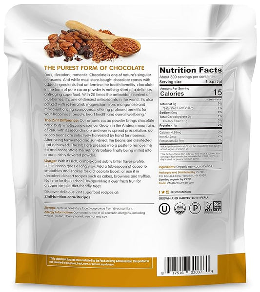 Zint Organic Cacao Powder (32 oz): Paleo-Certified, Organic, Non GMO, Anti Aging Antioxidant Superfood, Gluten Free Cocoa Cacao Beans, Pure Delicious Chocolate Essence, 32 Ounce