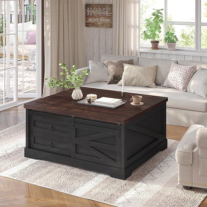 Itaar 39.4'' Lift Top Coffee Table with Storage, Farmhouse Coffee Tables for Living Room, Square Coffee Table with Large Hidden Compartment & 2 Drawers & Adjustable Shelves, Black