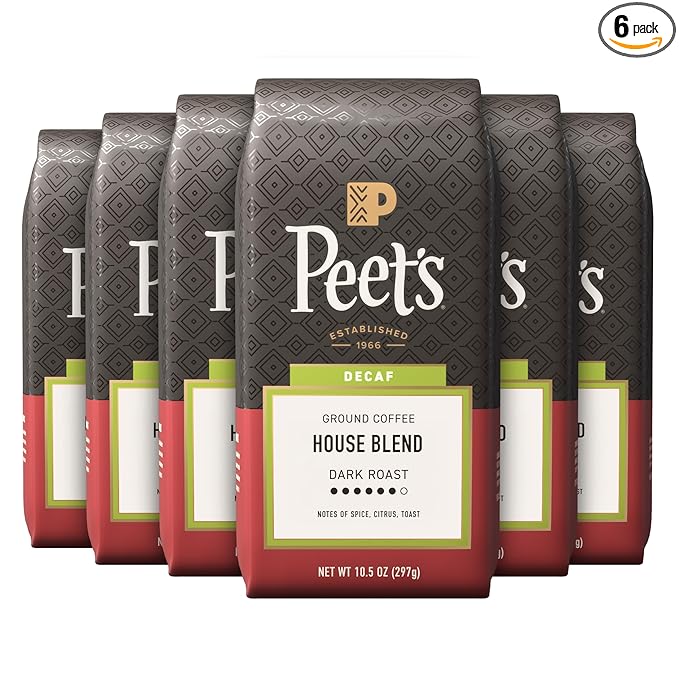 Peet's Coffee, Dark Roast Ground Coffee, Decaffeinated Arabica Coffee - Decaf House Blend 63 Ounces (6 Bags of 10.5 Ounces)