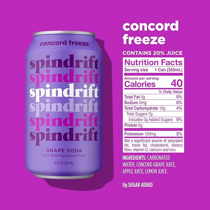 Spindrift "Concord Freeze" Grape Soda Made With Real Squeezed Fruit 12 Pack Case