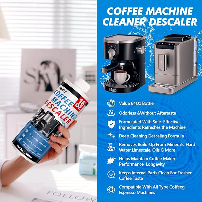 4 Pack Coffee Machine Descaler Cleaner -16 Uses,Descaling Solution for Nespresso Breville Keurig Jura &Delonghi - Coffee Machine Cleaners For All Coffee Makers & Espresso Machines,Glass Pot Cleaner