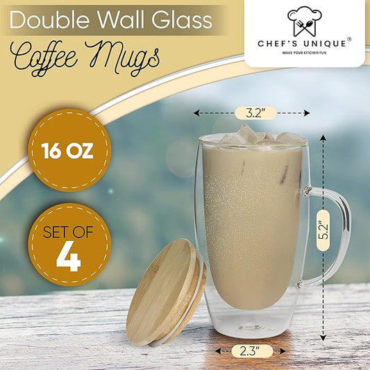 CHEF'S UNIQUE Double Wall Glass Coffee Mugs 16 Oz - Insulated Coffee Mugs With Lid, Clear Glass Cups For Coffee Tea Latte Cappuccino Espresso (set Of 4)