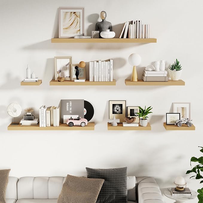 Fun Memories 24 x 10 Floating Shelves Wall-Mounted - Rustic Wood Shelf - 10 Inch Deep Floating Shelves for Wall - Large Storage Shelf for Bathroom - Kitchen & Bedroom - Oak - Set of 2