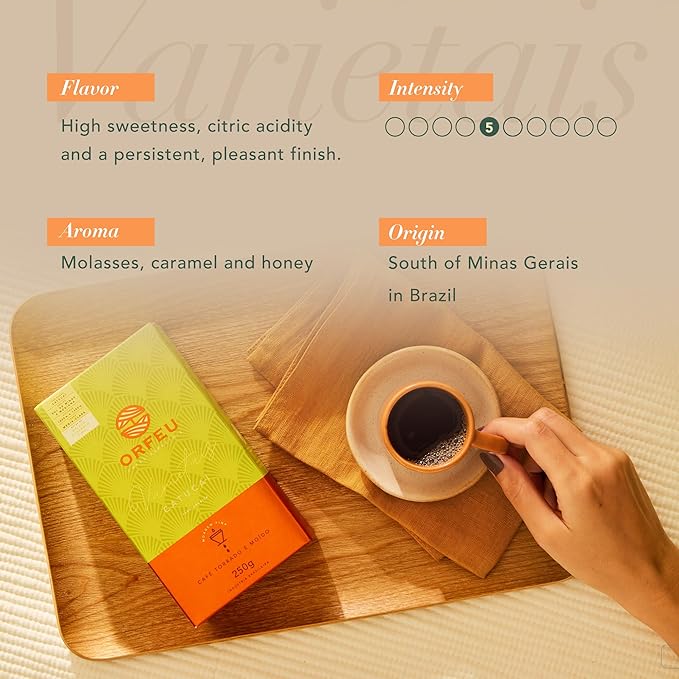Catucaí Roasted and Ground Coffee 8.8 oz – Notes of Molasses, Caramel and Honey – Natural Sweetness, Balanced Profile and Medium-Light Roast – Café Orfeu