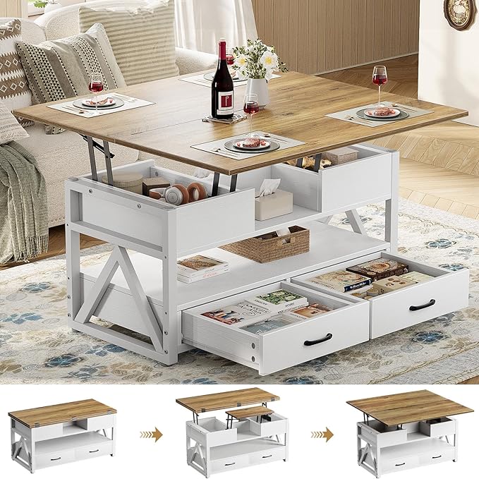 40" Lift Top Coffee Table,4 in 1 Multi-Function Lift Coffee Tables with Storage Drawers and Hidden Compartmen,Farmhouse Coffee Table with Lifting top for Living Room, White+Brown