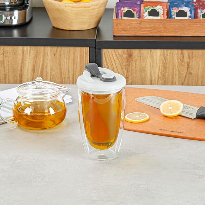 Restaurantware Glass Travel Mug 1 Count 15 Ounce Double Wall Borosilicate Reusable Coffee Cup, Spill-Resistant Gray Silicone Lid, Clear Drinkware Mug for Hot and Cold Beverages