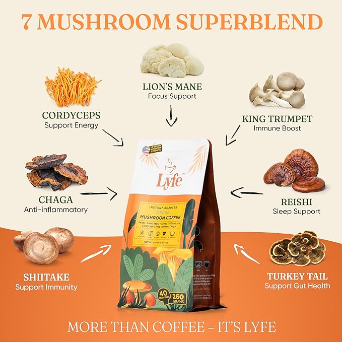 LYFE Organic Instant Decaf Mushroom Coffee, 40 Servings – Lion’s Mane, Chaga, Cordyceps & Turkey Tail | Adaptogenic Blend for Energy, Focus & Wellness | Natural Superfood Coffee for Daily Vitality