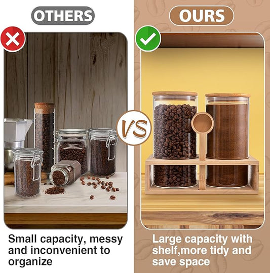 ANPHSIN 2Pcs 49oz Large Capacity Glass Coffee Containers - BPA Free Storage Jars with Hollow Shelf Lids and Spoon for Coffee Bean Bar Station Kitchen Gift