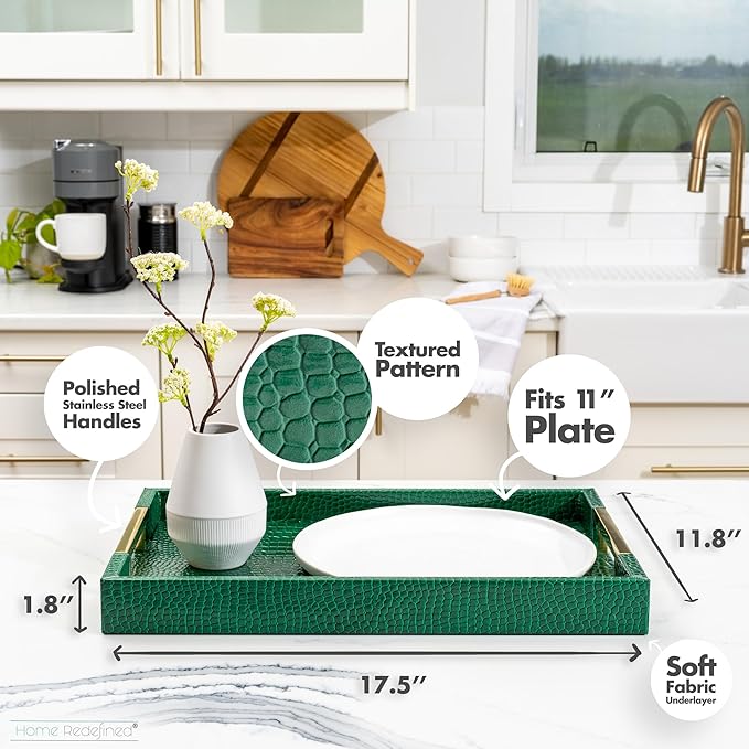 Luxury Modern Elegant 17.5"x12" Rectangle Crocodile Green Faux Leather Decorative Tray Ottoman Coffee Table Living Room Decor Kitchen Serving Tray with Gold Polished Metal Handles by Home Redefined