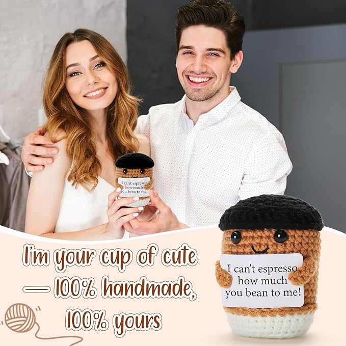 Mini Coffee Gifts for Women Men, Birthday Handmade Crochet Coffee Lovers I Love You Gifts for Bestie Boyfriend Girlfriend Friend, Office Desk Decor Inspirational Motivational Encouragement Gift