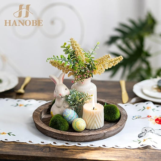 Hanobe Rustic Wooden Serving Tray: Set of 2 Round Wood Butler Decorative Tray Vintage Centerpiece Candle Holder Trays Farmhouse Ottoman Tray for Kitchen Countertop Home Decor for Coffee Table
