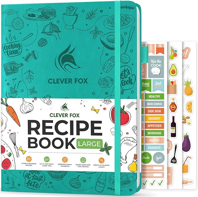 Clever Fox Recipe Book – Make Your Own Family Cookbook – Blank Recipe Notebook Organizer – Empty Cooking Journal to Write In Recipes – Large Size, 8.5”x11.2”, Hardcover, Turquoise