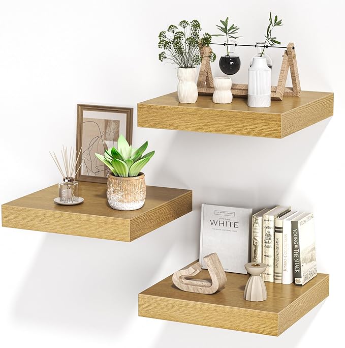 Square Floating Shelves for Wall, 12" W x 12" D x 1.2" H, Small Wooden Wall Mounted Display Shelves with Invisible Brackets for Living Room, Bedroom, Bathroom, Kitchen Decor, Set of 3, Oak