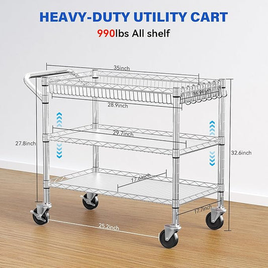 YNN Chrome Utility Rolling Cart,990Lbs 3 Tier Heavy Duty Metal Cart with Wheels & Handle NSF Wheeled Cart 31" D x 18" W x 33" H for Bedroom, Bathroom, Kitchen,Garden,Decor,Serving