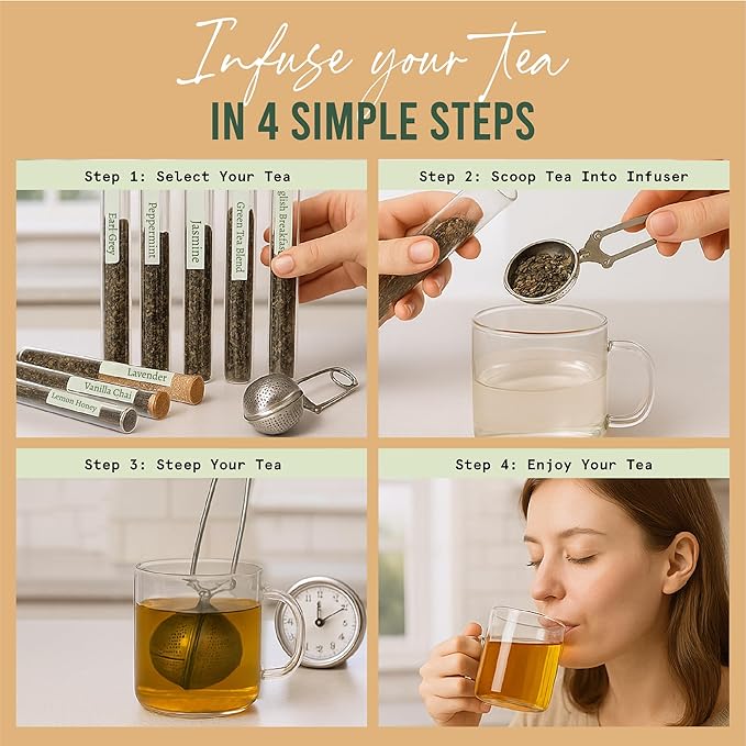 Loose Leaf Tea Sampler - Tea Gift Set Box – 8 Unique Flavors with Stainless Steel Infuser | Vanilla Chai, Jasmine, Lemon Honey & More | Tea Gift Set for Women and Men - Set of 9
