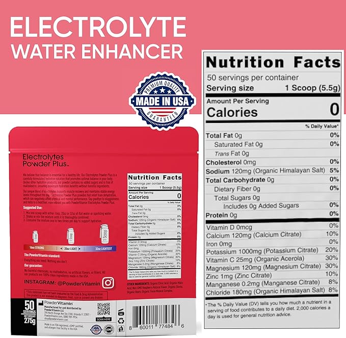 PowderVitamin Electrolytes Powder Plus (50 Servings) Raspberry Electrolyte Powder Zero Calorie Keto, 0 Sugar, No Maltodextrin,1000mg Potassium,120mg Calcium,120mg Magnesium, Hydration Powder