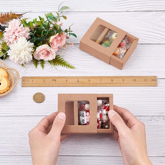 BENECREAT 24 Packs Square Kraft Paper Drawer Boxes with PVC Window Lid 2.5x2.5x1.2 Paper Gift Boxes for Bakery Party Favor Treats Storage