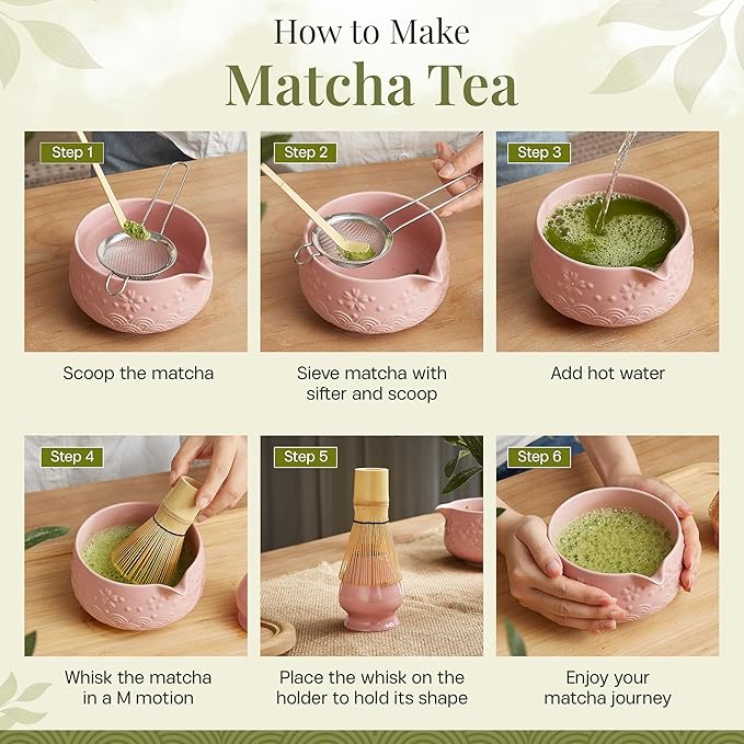 Matcha Whisk Set 9pcs – Matcha Tea Set with Ceramic Matcha Bowl, Bamboo Whisk (Chasen), Scoop, Sifter | Matcha Kit for Japanese Tea Ceremony & Beginners(Pink)