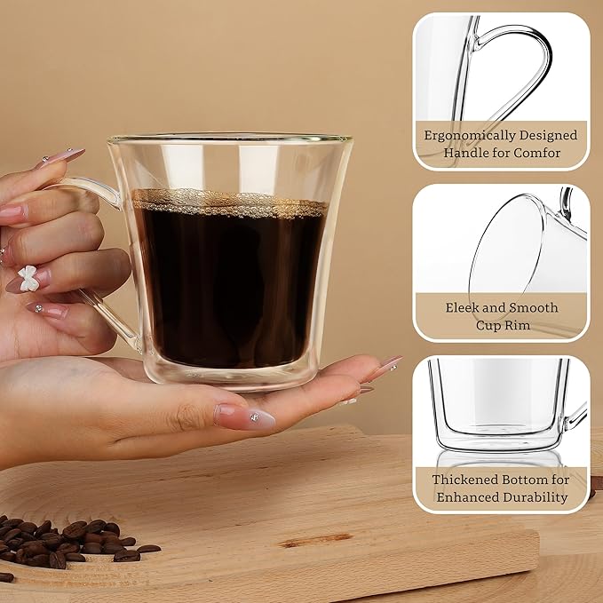 Joeyan 12oz Glass Coffee Mugs, Double Walled Insulated Coffee Mug Set of 2, Clear Glass Latte Cappuccino Espresso Cups with Handle for Home Office, Tea,Beer, Iced Coffee, Hot Chocolate& Gift