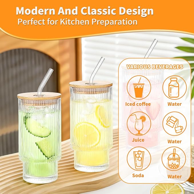 16oz Glass Cups with Lids & Straws - Reusable Iced Coffee Tumblers, Trendy Ribbed Design & Stackable for Iced Coffee/Cold Brew, Perfect for Home/Office by Coffee Lovers & Commuters (16OZ-4PACK)