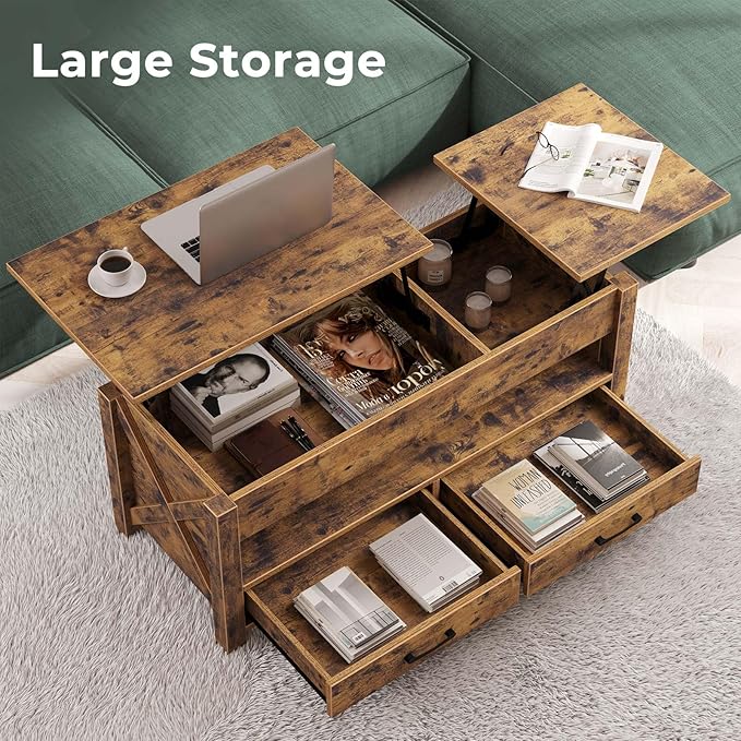 Seventable Coffee Table, 47.2" Lift Top Coffee Table with 2 Storage Drawers and Hidden Compartment, Farmhouse Center Table with Wooden Lift Tabletop, for Living Room,Rustic Brown