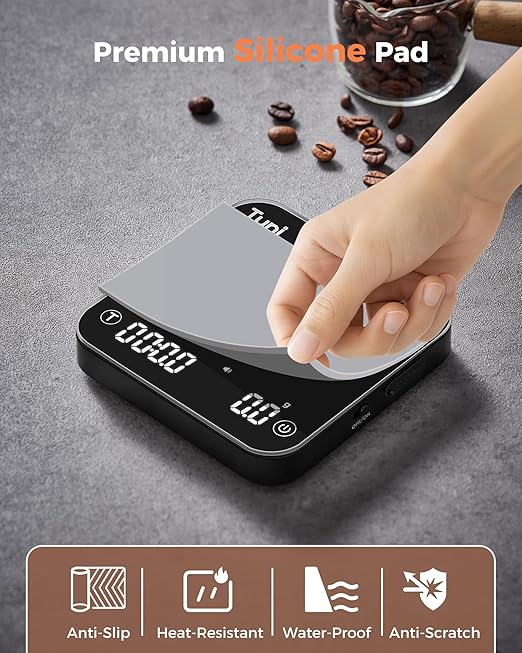 Tuni Rechargeable Mini Coffee Scale with Timer, 2kg/0.1g Accurate Espresso Scale for Espresso and Pour-Over Coffee, Portable Digital Kitchen Scale with Automatic Timing, Black