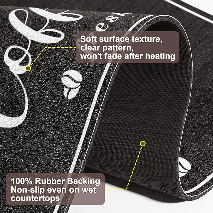 Absorbent Coffee Mat, Fashion Dish Drying Mat for Kitchen Counter Coffee Bar Accessories Espresso Machine Dish Rack 17" x 32" Black