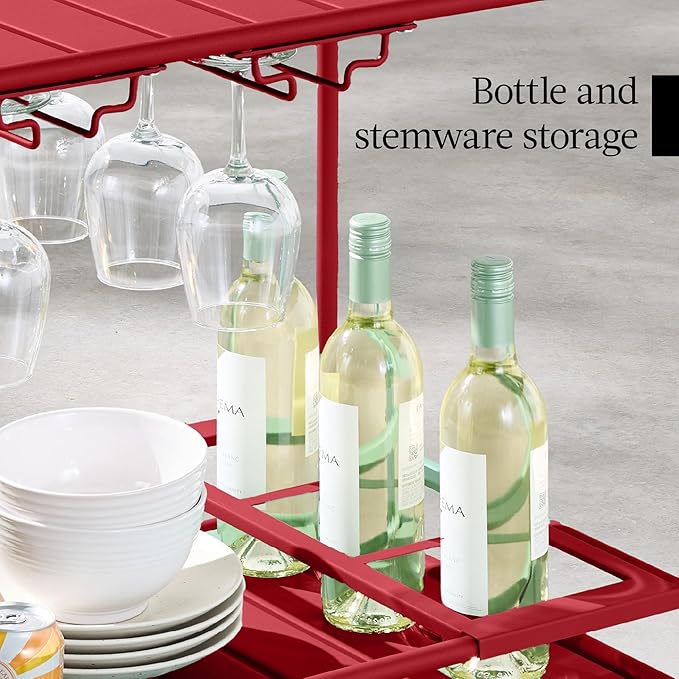 Best Choice Products Rolling Bar Cart, Mobile Home Bar Serving Cart, Serving Station w/ 2 Tier Shelves, Wine Rack, Lockable Wheels - Red