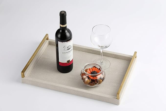 WV Ivory Shagreen Leather Serving Tray with Gold Handles-17.7x11.8 Inch Large Wooden Decorative Ottoman Tray fro Coffee Table, Kitchen, Dining, and Home Decor (Ivory)