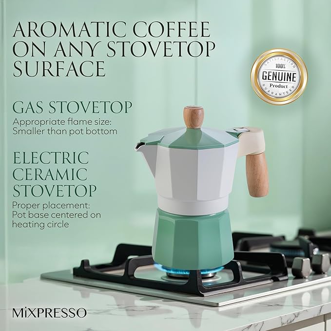 Mixpresso Moka Pot 3 Cup (5 oz Total) – Stovetop Espresso Maker for Gas & Electric Stove, Aluminum Cuban & Italian Coffee Maker, Small Size Espresso Brewer