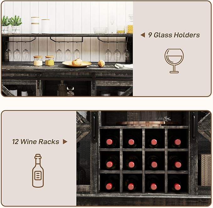 HOMCOM Farmhouse Coffee Bar Cabinet with Smart App Control LED Lights, 55" Wine Bar Cabinet with 12-Bottle Rack, Glass Holder, Kitchen Sideboard Buffet with Sliding Mesh Doors, Distressed Dark Brown