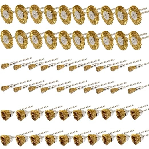 Brass Wire Brushes Cup Wheels Polish Cleaning Brush Kit Polishing Attachment Die Grinder Rotary Tools Accessories 3 MM Mandrel 60 Pieces