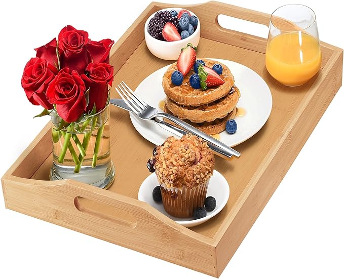 Tray with Large Handles - Bamboo Ottoman Tray, Great for Coffee Table, Couch, Tea, Bar, Breakfast, Dinner, or Any Food - Good for Parties or Bed for Eating (Home It)