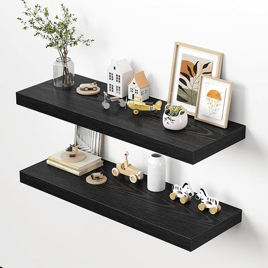 Dreamland 40" Floating Shelves for Wall, 12" Deep Thicker Black Floating Shelves, Wall-Mounted Shelves for Bedroom, Living Room, Kitchen, Bathroom - Set of 2
