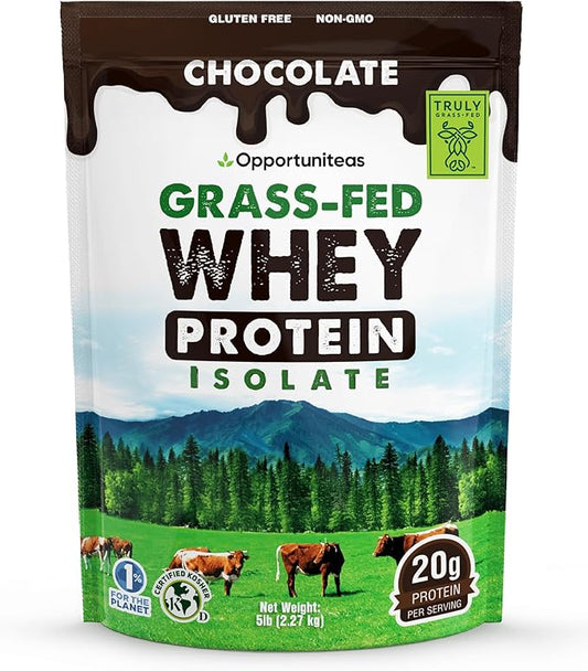 Opportuniteas Grass Fed Chocolate Whey Isolate Protein Powder – 20 g Protein, Heavy-Metal Tested, Made with Organic Cacao & Organic Cane Sugar, Non-GMO, Hormone-Free, Sourced from Ireland, 5 lb