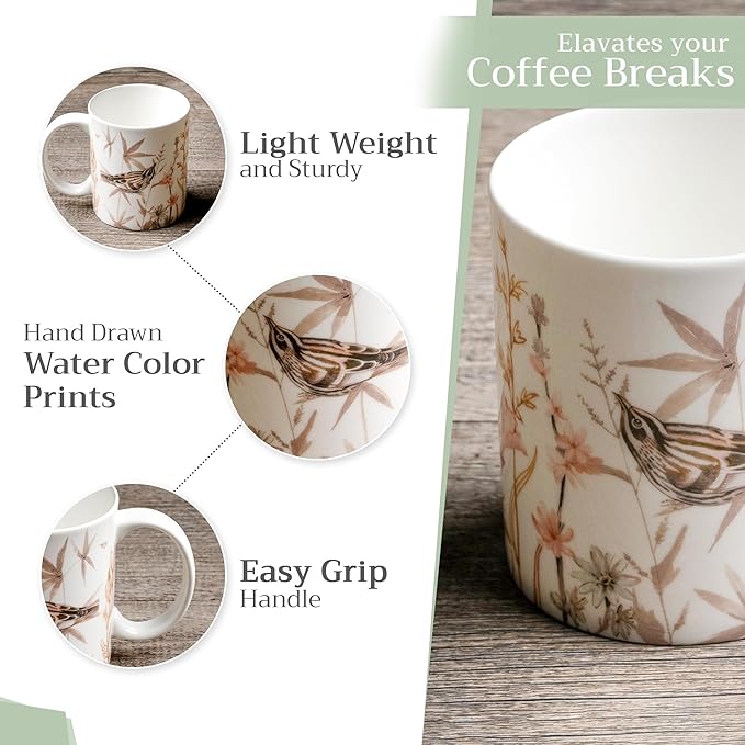 Maison d' Hermine Coffee Mug with Handles Fine Bone China Mugs Pack of One Tea Cups for Hot Beverages Cappuccino Latte Home Office Perfect for Gift (Meadow Florals - Beige Meadow Mornings, 12 Ounce)