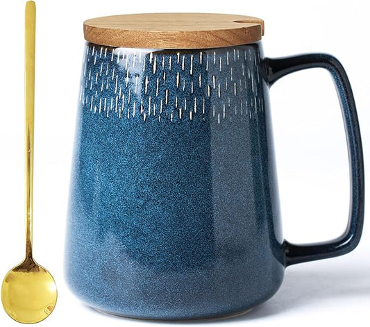 24 OZ Extra Large Ceramic Coffee Mug, with Spoon and Wooden Lid, Big Tea Cups with a Large Handle for Office and Home, Microwave and Dishwasher Safe (24 OZ Star Blue Set)