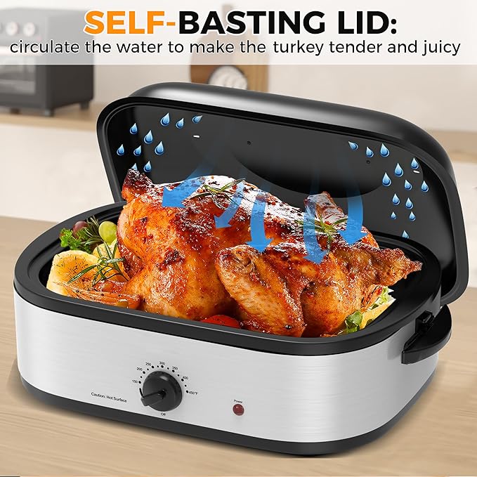 14 Quart Electric Roaster Oven, Turkey Roaster Oven with Self-Basting Lid, Stainless Steel Roaster Pan, Silver