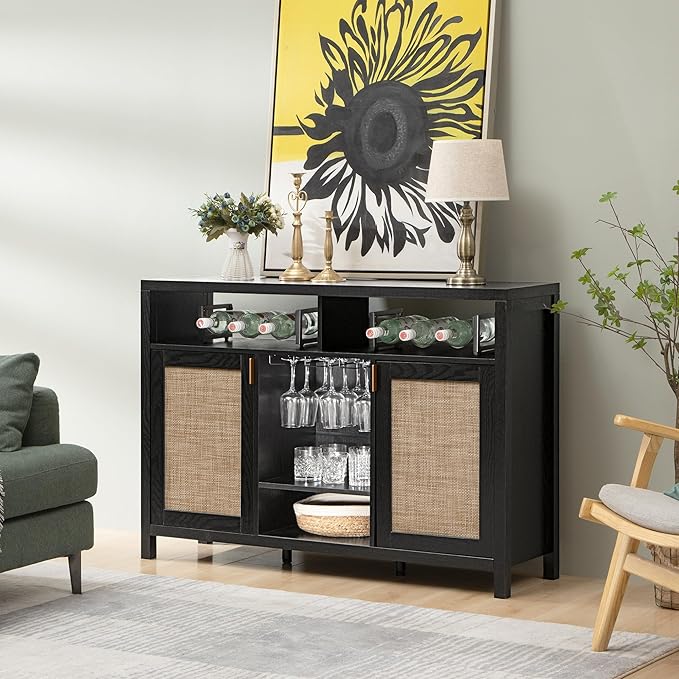 SICOTAS Rattan Coffee Bar Cabinet, 51" Sideboard Buffet Cabinet with Storage, Modern Liquor Cabinet with Wine Racks Credenza Console Buffet Table for Home Living Dining Room, Black Oak