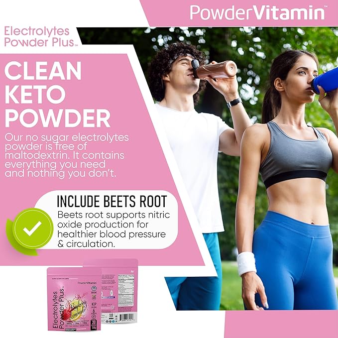 PowderVitamin Electrolytes Powder Plus (20 Servings) Raspberry Lemonade Electrolyte Powder Zero Calorie Keto,0 Sugar,No Maltodextrin,1000mg Potassium,120mg Calcium,120mg Magnesium, Pink Himalayan Salt