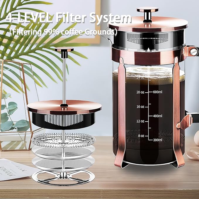 YMMIND French Press Coffee Maker 304 Stainless Steel Coffee Press,with 4 Filters System, Heat Resistant Thickness Borosilicate French Press Glass, BPA-Free Brewed Tea Pot Coffee Plunger(Copper 12oz)