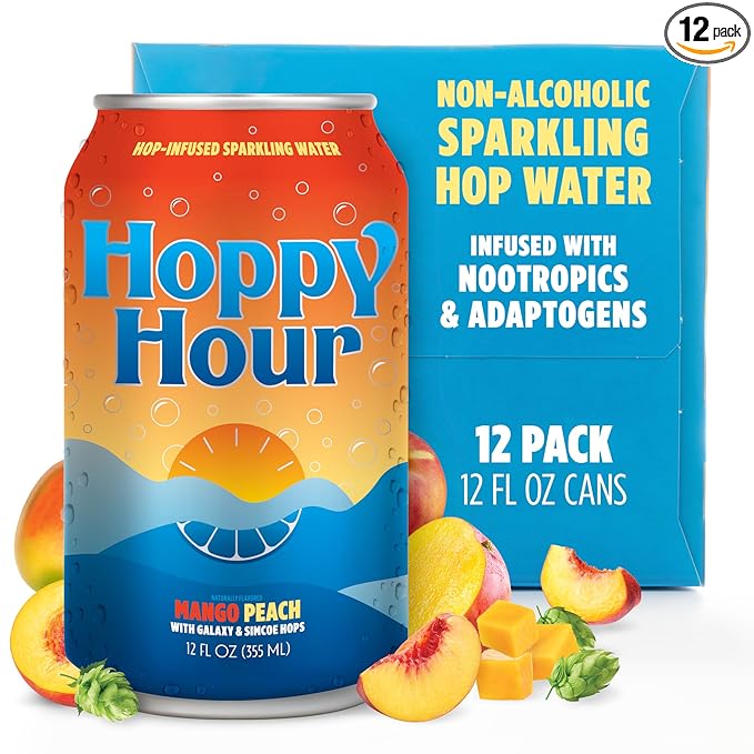 Hoppy Hour Sparkling Hop Water, Non-Alcoholic and Adaptogens Drink, Zero Sugar and Calories, Refreshing Mango Peach Flavor, 12 oz Cans (12-Pack)