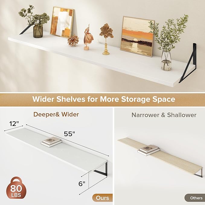 Deep Floating Shelves Wall Mounted, 55"x12" White Wall Shelves with Brackets Set of 2 for Bedroom, Living Room, Bathroom, Kitchen, Office - Storage & Display Shelf for Decor, Books, Plants