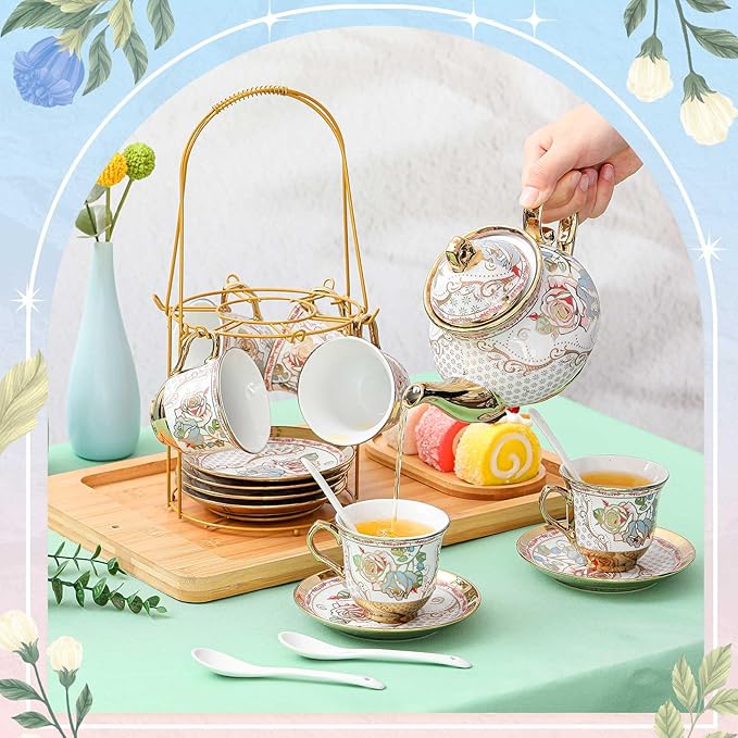 Zhehao 20 Pcs Porcelain Tea Set with Metal Holder and Spoon Adult Ceramic Tea Set European Flower Painting Teapot Cup Saucer Spoon for Women, Large Version(Minimalist Style)