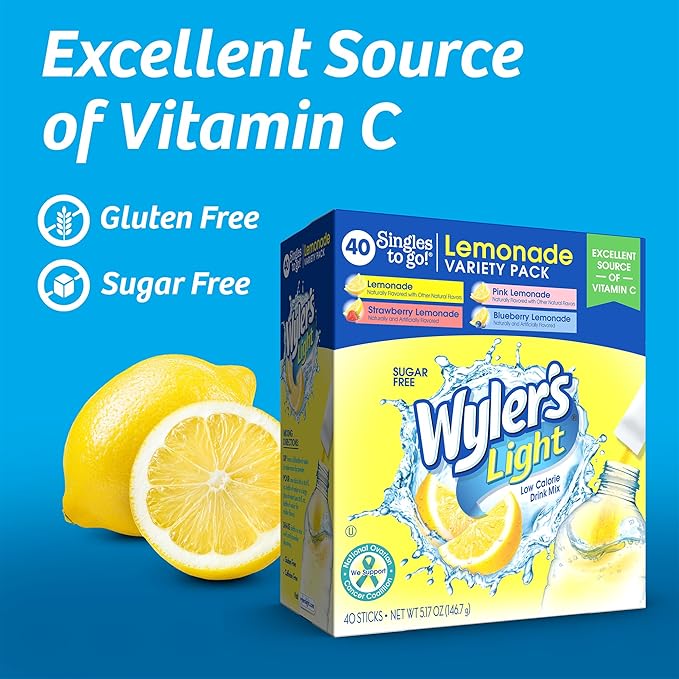 Wyler's Light Lemonade Variety Pack, 40 ct Singles to Go Powder Packets, Water Drink Mix, Variety Pack, Pink, Strawberry & Blueberry Lemonade, Sugar & Caffeine Free, On-The-Go,(Pack of 1)