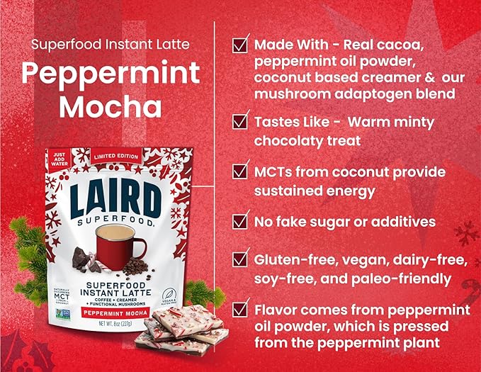 Laird Superfood Peppermint Mocha Instant Latte with Adaptogens – Antioxidants and Superfood Coconut Creamer – Boost of Functional Fuel – Gluten Free, Non-GMO, Vegan, 8 oz. Bag, Pack of 2