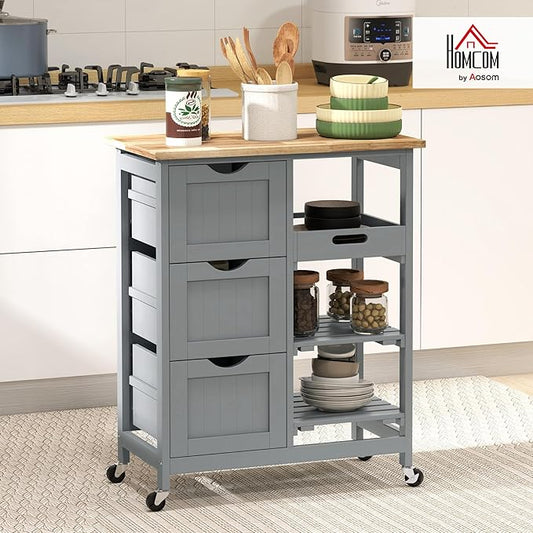 HOMCOM Rolling Kitchen Island Cart, Bar Serving Cart, Compact Trolley on Wheels with Wood Top, Shelves & Drawers for Home Dining Area, Gray