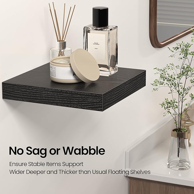 Square Floating Shelves for Wall, 12" W x 12" D x 1.4" H, Small Wooden Wall Mounted Display Shelves with Invisible Brackets for Living Room, Bedroom, Bathroom, Kitchen Decor, Set of 3, Black